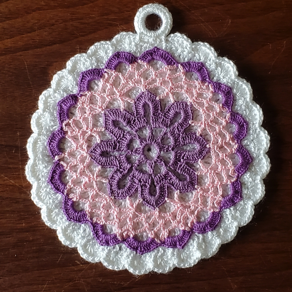 Beautiful Hand Crochet Pot Holder Like New Pink Purple White Cottagecore Kitchen